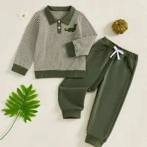 Dinosaur Embroidered Shirt with Striped Pullover and Elastic Waist Pants for Boys