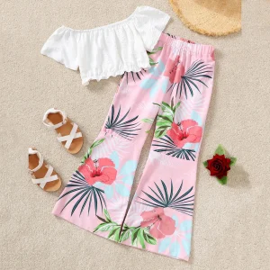 Girls Summer Puffed Sleeve Solid Color Top And Floral Printed Trouser 2PCS Outfits Cotton