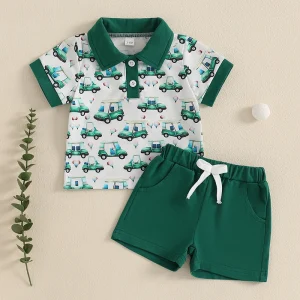 Golf Print Lapel Short Sleeves T-Shirt and Elastic Shorts Set