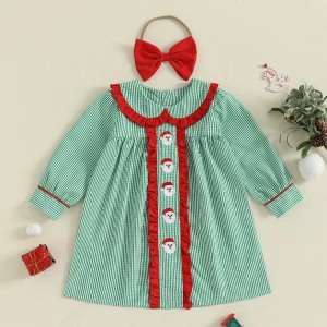 Infant Girls Red Plaid Dress with Reindeer Embroidery and Matching Headband