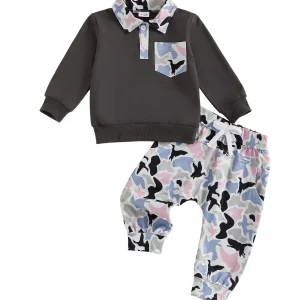 Stylish Infant Boys Outfit Set Featuring Trendy Lapel Top and Camo Pants