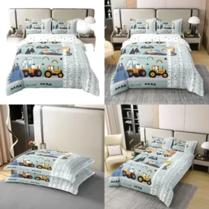 Cotton Reversible Excavator Truck Twin Duvet Cover Set, for Boys