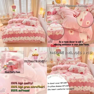 Soft Pink Queen Duvet Cover Set with Cream Kawaii Design, Plush Comforter for Girls and Teens in Full/Double Sizes